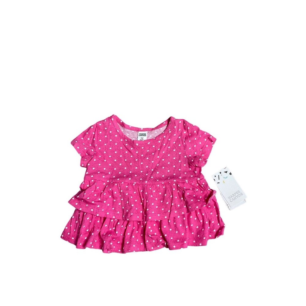 Harper Canyon Dress Baby 12 Months Short Sleeve Ruffle Tiered Pink Polka Dot